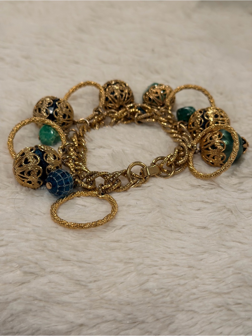 Vintage Gold Filigree Charm Bracelet with Blue and Green Beads